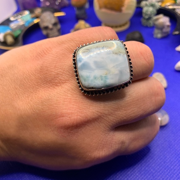 Comfort Curl ADJUSTABLE Big Square Larimar Ring! .925 Sterling Silver Overlay! - Picture 15 of 15